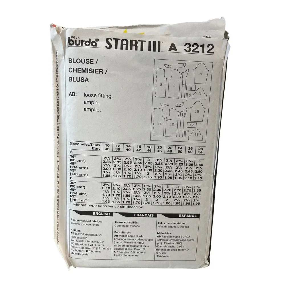 Burda Sewing Pattern 3212 Shirt Top Blouse Short Long Sleeve Size 10-28‎